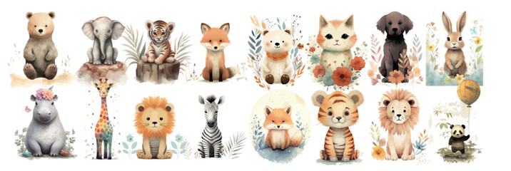 Adorable Collection of Watercolor Animals: Bears, Elephants, Foxes, and More Surrounded