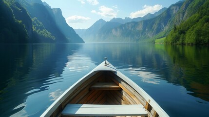 Enjoy in river under mountain, view from the bow of a small white wooden boat to the calm lake and mountain landscape - obrazy, fototapety, plakaty