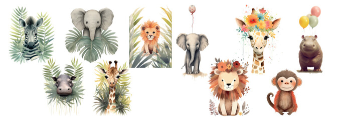 Naklejka premium Adorable Collection of Watercolor Baby Animals with Floral Elements, Perfect for Nursery Decor and Children’s