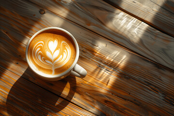 Artistic Latte Coffee on Wooden Table