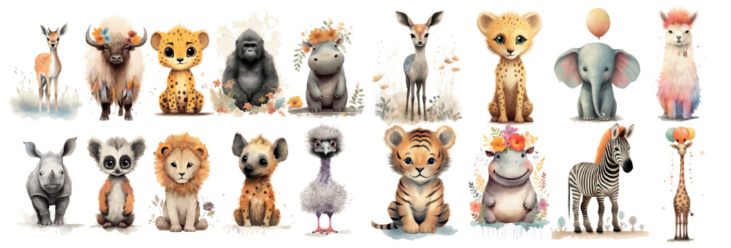Adorable Collection of Watercolor Baby Animals with Floral Elements, Perfect for Nursery Decor and Children’s