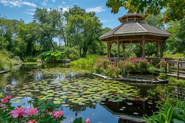 Fototapeta premium A serene gazebo sits in the center of a picturesque pond adorned with vibrant lily pads, A flower-filled gazebo overlooking a calm pond filled with lily pads, AI Generated