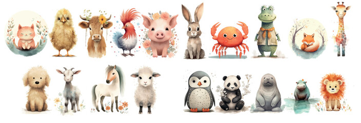 Fototapeta premium Adorable Collection of Watercolor Baby Animals with Floral Elements, Perfect for Nursery Decor