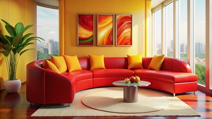 Modern living room with red color round shape sofa set decoration and yellow color cushions decoration