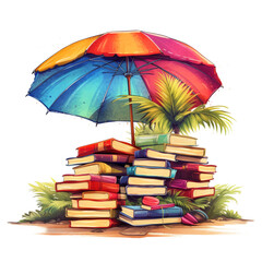 an umbrella is on a pile of books alongside the shore and beach, in the style of vibrant watercolor landscapes, cartoon compositions сreated with Generative Ai