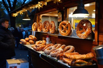 A man stands in front of a display filled with an assortment of delectable doughnuts, A food truck at a beer festival, selling German sausages and pretzels, AI Generated