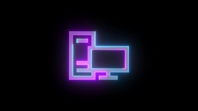 Neon desktop pc icon cyan purple color glowing animation black background