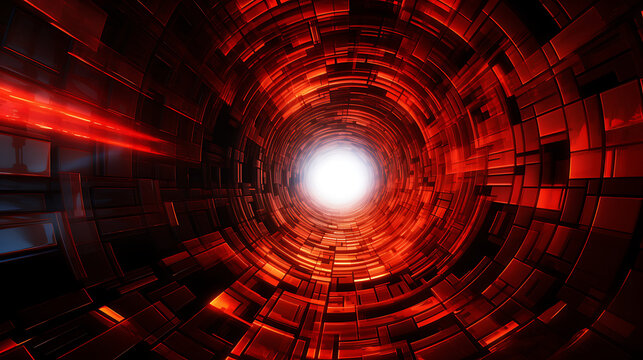 A digital artwork depicting a vibrant, pulsating red grid tunnel swirling with energy, representing a journey into the unknown realms of technology
