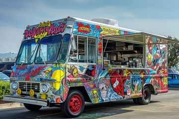 A colorful food truck stands out amidst a bustling parking lot filled with people and cars, A food truck decorated with comic book art selling street food, AI Generated