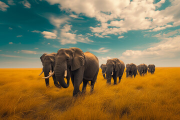 Naklejka premium Herd of elephants traversing the savannah plains of Africa