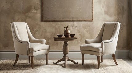 Two elegant chairs sit beside a stylish table in a room, reflecting a sense of timeless beauty and sophistication