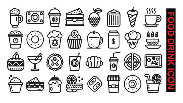 Food and Drinks Icons Set Vector Thin Line. Coffee, Soda, Macaroon, Pizza, Ice Cream, Burger, Hamburger