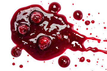 Drops and stains of red berry jam, sauce top view isolated on transparent background. Cranberry Jam drops close up