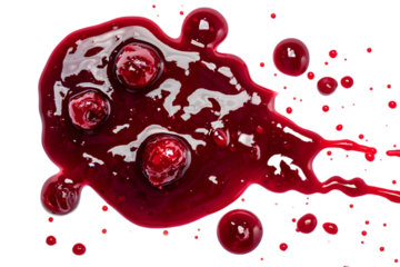 Drops and stains of red berry jam, sauce top view isolated on transparent background. Cranberry Jam drops close up