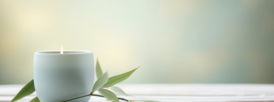 Product photo, delicate celadon porcelain teacup, soft colours, bamboo environment, minimalism, dreamy ethereal bokeh background 