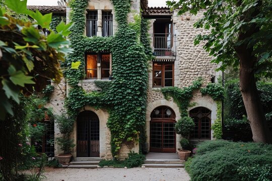 This photo showcases a beautiful house adorned with ivy, creating a captivating and natural appeal, A French Chateau with vine-covered walls and arched windows, AI Generated