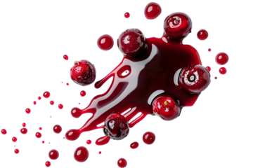 Drops and stains of red berry jam, sauce top view isolated on transparent background. Cranberry Jam drops close up