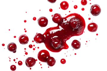 Drops and stains of red berry jam, sauce top view isolated on transparent background. Cranberry Jam drops close up