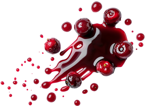 Drops and stains of red berry jam, sauce top view isolated on transparent background. Cranberry Jam drops close up