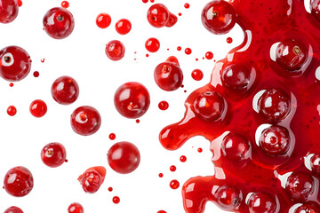 Drops and stains of red berry jam, sauce top view isolated on transparent background. Cranberry Jam drops close up