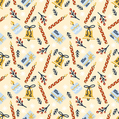 Christmas candles and bells with holly berry backdrop seamless pattern background