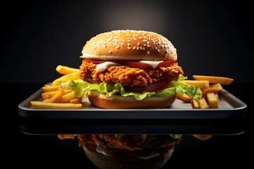 a chicken burger and fries on a plate