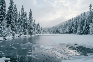 A breathtaking sight of a pristine lake enveloped by snow-laden trees, creating a peaceful winter wonderland, A frozen lake surrounded by snow-covered pine trees, AI Generated