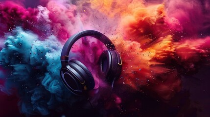 Headphones on abstract colorful dusty background. Colorful music headphones. - obrazy, fototapety, plakaty