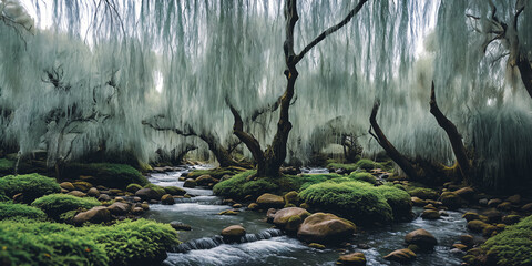 Whispering Willow Grove. Beneath ancient willow trees, their long branches trailing in a silver rive - 757167319