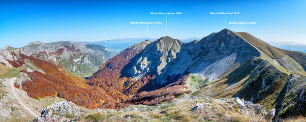 Monte Elefante 2019 m, Monte Valloni 2004 m, Monte Brecciaro 1954 m and Monte Ritornello 1872 m in Terminillo Massif. Rieti mountains, central Italy, Europe. (Cima di Prato Cristoforo viewpoint)..
