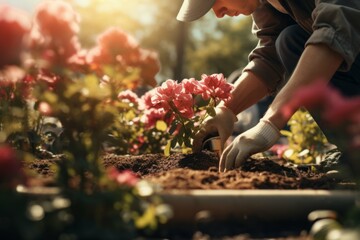 Landscaper planting flowers in garden.