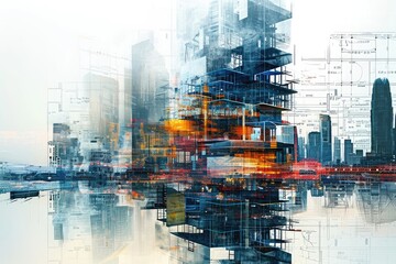 A stunning painting showcasing a bustling city with a multitude of towering skyscrapers, A futuristic city under construction juxtaposed over blueprints, AI Generated - obrazy, fototapety, plakaty