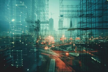 A captivating photo of a bustling city illuminated with dazzling lights and adorned with scaffolding, A futuristic construction site with double exposure effects, AI Generated - obrazy, fototapety, plakaty