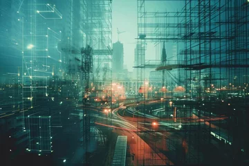 Foto op Plexiglas A captivating photo of a bustling city illuminated with dazzling lights and adorned with scaffolding, A futuristic construction site with double exposure effects, AI Generated © Iftikhar alam