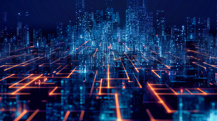 Futuristic City and Business Technology Concept, Abstract Digital Network Connected through Modern Skyscrapers