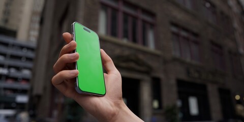 Hand holding a smartphone with a green screen on an urban city street background - 757167746