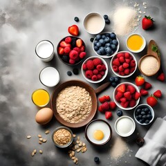 Obraz na płótnie Canvas Organic ingredients for healthy breakfast - berries, milk, egg, oatmeal on grey concrete background.