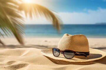 A straw hat and sunglasses on a sandy beach under a palm tree, a summer vacation concept, a seaside resort. 