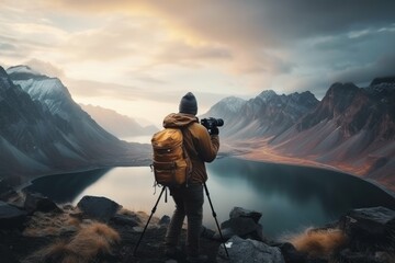 Photographer capturing stunning landscapes in remote wilderness - obrazy, fototapety, plakaty