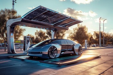 Futuristic Car Parked at Gas Station, A futuristic electric vehicle charging at a solar-powered station, AI Generated - obrazy, fototapety, plakaty