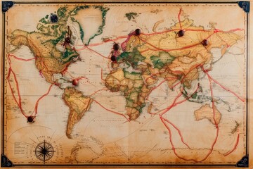 Detailed World Map With Numerous Lines Showing Borders, Routes, and Connections, A futuristic map of finance and trade routes, AI Generated