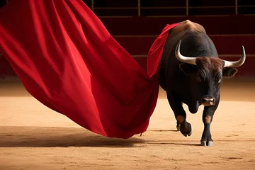 Zelfklevend Fotobehang a bull with a red cloth covering its body © Tatiana