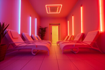 A row of lounge chairs in a room with neon lights
