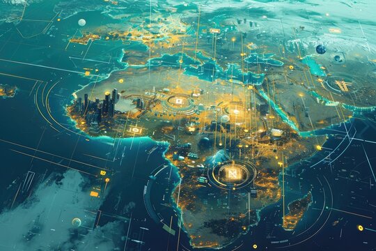A captivating photo capturing the world map illuminated with an abundance of dazzling lights, A futuristic map of finance and trade routes, AI Generated