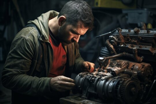 Mechanic repairing an engine in a garage.