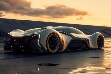 A cutting-edge, futuristic car stands parked on the sandy shores of a picturesque beach, A...