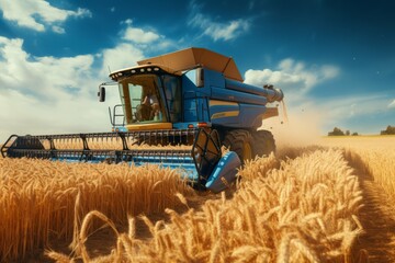 Farmer harvesting wheat with combine harvester. - obrazy, fototapety, plakaty