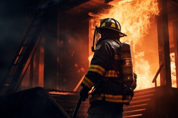 Firefighter putting out fire in burning building