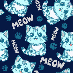 Kids blue kitten seamless pattern cute vector cat background