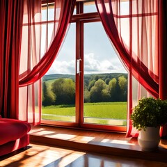 Open window with fresh air and countryside scenery views. Red curtains opened show a modern window in a house in a rural location
